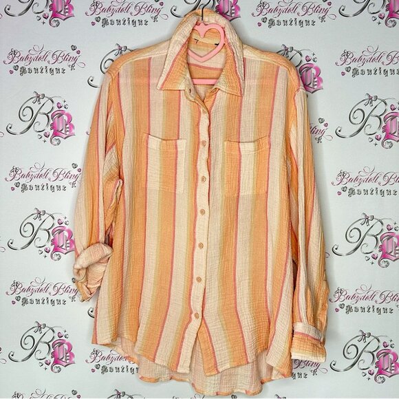 Button up creamsicle striped cream orange soft buttery top comfy oversized - Picture 1 of 11